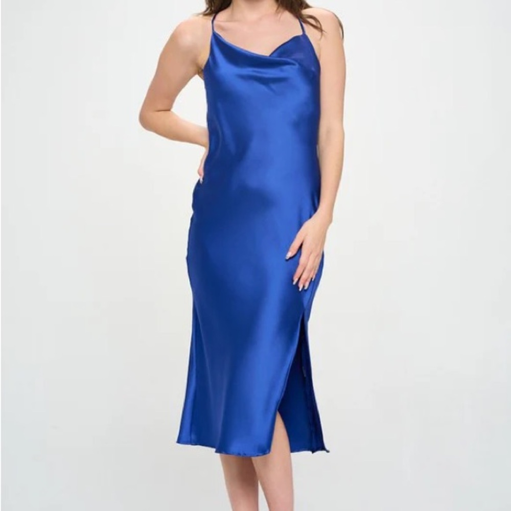 Satin Slip Midi Dress - Royal Blue